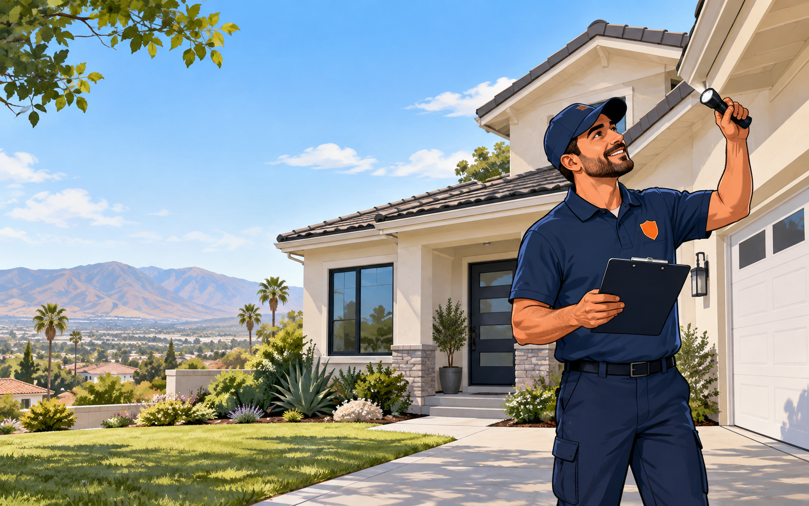 Illustration of a home inspector examining a Southern California home