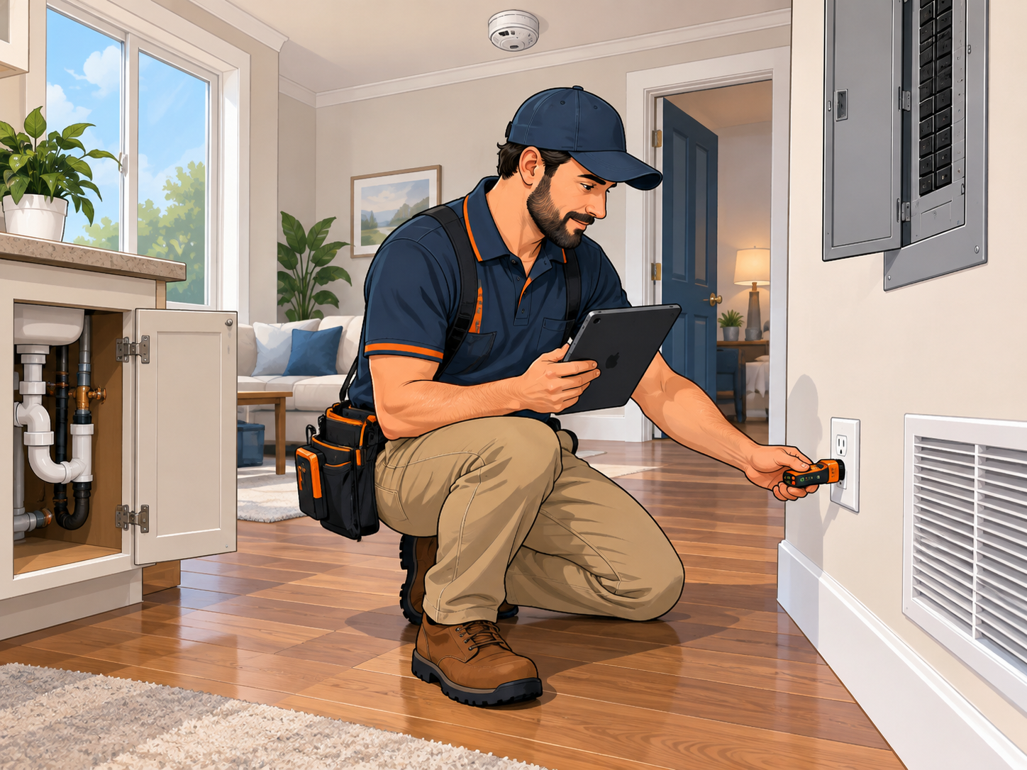 Illustration of a home inspector testing an electrical outlet and reviewing a tablet